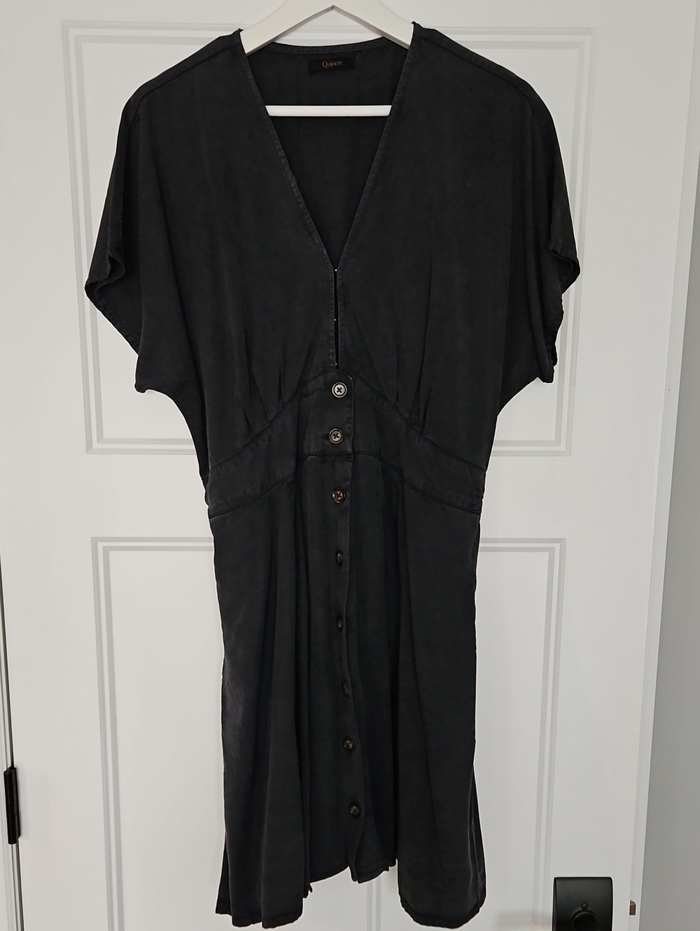 Quince Black V-Neck Button-Front Midi Dress